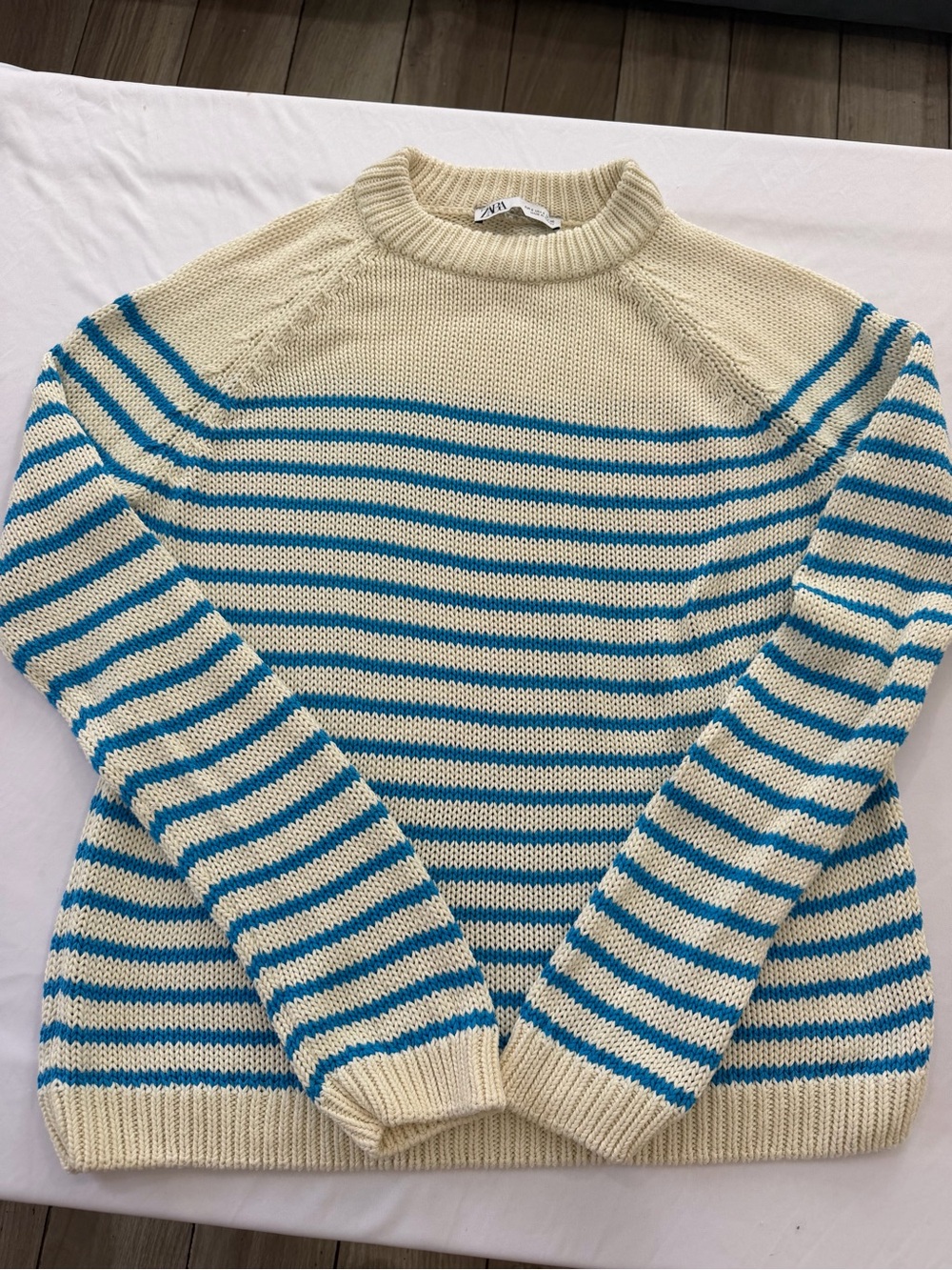 Zara Striped Knit Raglan Crewneck Sweater - Cream & Blue size S